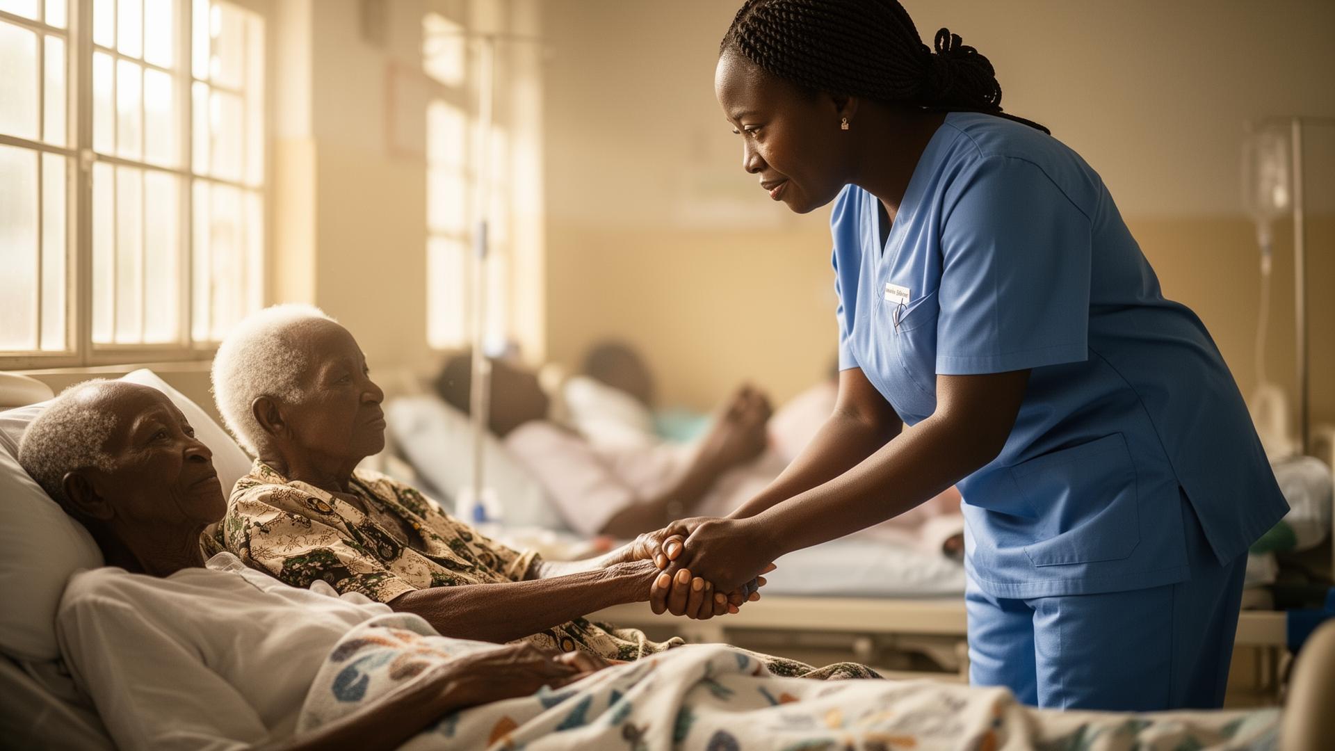 Compassionate healthcare worker holding the hand of an elderly patient in a bright hospital ward